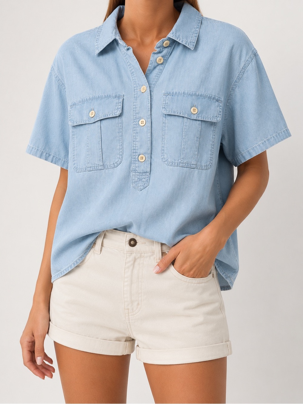 Madewell Chambray Indigo Blue Short Sleeve Button Front Utility Shirt Top Small